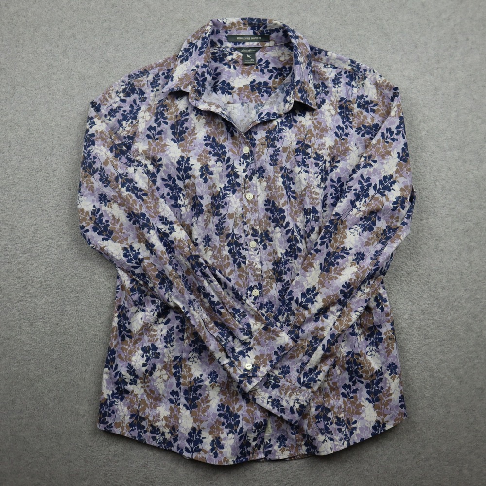 Eddie Bauer Button Front Shirt Womens PS Wrinkle Free Shaped Fit Purple Floral